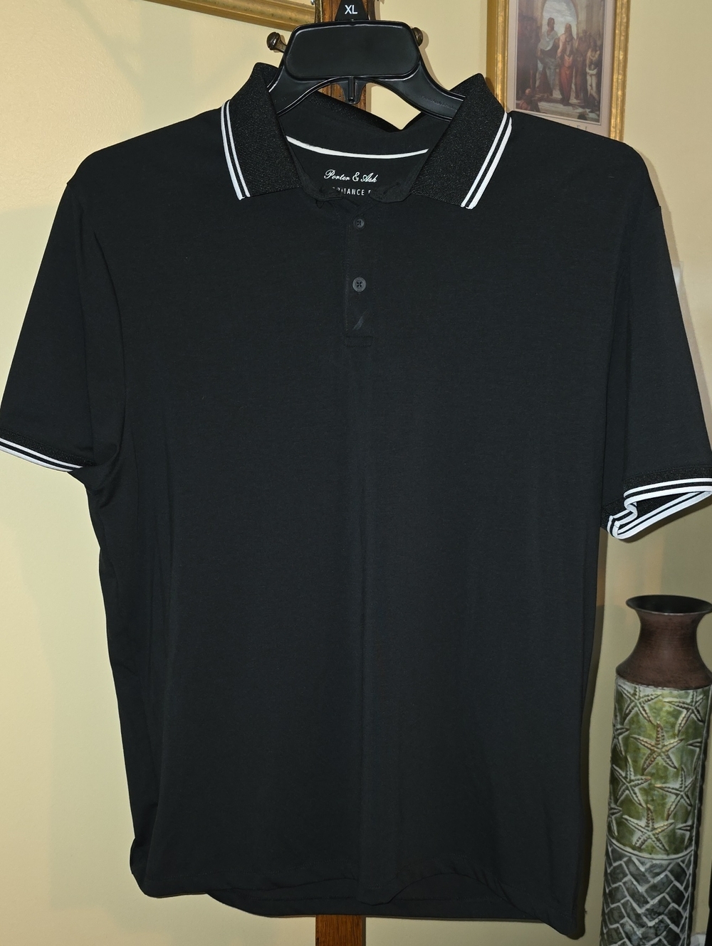 Black Polo Shirt with White Contrast Trim — Performance Comfort
